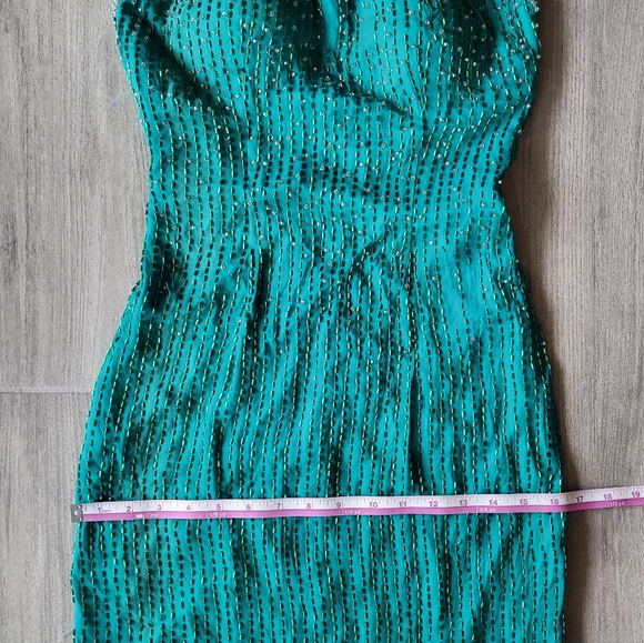 90s Turquoise Teal sequin Beaded Open Back Prom Dance Pageant Dress gown - Picture 3 of 11